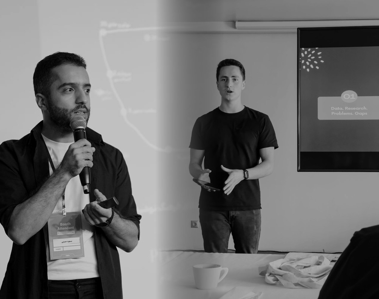 A founder pitching to a curated room at Offline